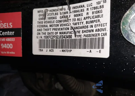 2018 Honda Civic Lx from USA, damaged, VIN 19XFC2F52JE043490